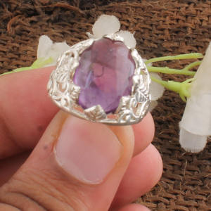 Bague en Améthyste Naturelle, Argent Sterling 925, Pierre Précieuse Ovale Violette, Pierre de Naissance de Février, Bijou Cadeau de Mariage pour Femme, Vente en Gros - Product Image 1