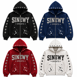 Sudadera con capucha oversize personalizada con pedrería y bordado de apliques, con cremallera, estilo streetwear, de fabricante - Product Image 2