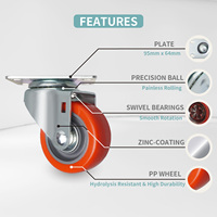 Roulette pivotante robuste de 3 pouces avec frein latéral à roulement, plaquée zinc, avec plaque supérieure en PP rouge, durable, pour chariot de maison, bureau et cuisine