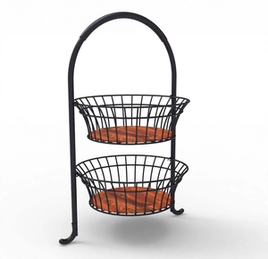 Panier à fruits à 2 niveaux avec poignée arquée en fil métallique, support moderne et écologique, base en bois, revêtement noir en poudre, organisateur de cuisine - Product Image 1