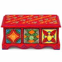 Boîte de rangement en bois peinte à la main avec 3 tiroirs |   Décoration traditionnelle indienne pour la maison |   Armoire à tiroirs en bois décorative