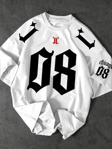 เสื้อยืดลำลองผู้ชายลายกราฟิกสตรีทแวร์ สีดำขาว ตัวเลข '08' ทรงหลวม ไหล่ตก พิมพ์ลายดิจิทัล ระบายอากาศได้ดี เหมาะสำหรับฤดูร้อน - Product Image 3