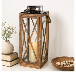 Rustic Farmhouse Wooden <b>Candle</b> <b>Lantern</b> with Criss-cross Glass Panes <b>Large</b> Hurricane <b>Lantern</b> for Indoor Outdoor Home Decor - Product Image 6