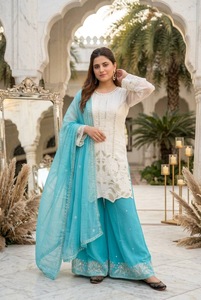 Ensemble haut, palazzo et dupatta en faux georgette lourde, entièrement brodé des deux côtés avec des sequins, perles et motifs faits main, entièrement cousu, pour occasions festives (HG 245) - Product Image 6