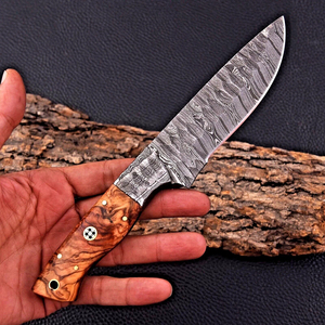 Couteau de chasse à lame fixe en acier Damas, manche en bois d'olivier, couteau de camping et d'extérieur OEM avec étui - Product Image 2