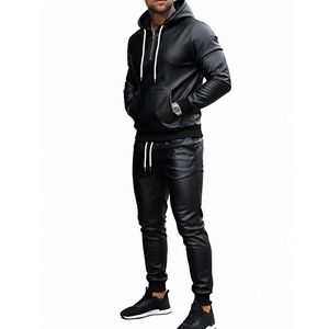 Men's Black Leather Look Hooded Tracksuit Set Full Sleeve Drawstring Sweatshirt <b>Jogger</b> Pants Solid Color Casual Autumn Wear - Product Image 3
