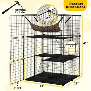 74x74x107.5cm Black Cat Cage 3-Tier DIY Assembly with Hammock and Ladders for 1-3 Cats or <b>Small</b> Pets PP+Metal Material - Product Image 3