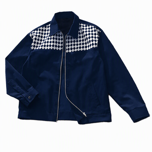Men's Navy Blue <b>Racer</b> <b>Jacket</b> Stand Collar Front Logo Zipper Closure Casual Style Winter Boxy Fit Wholesale Discount Price - Product Image 1