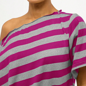 T-shirt tricoté décontracté à manches courtes et épaules dénudées pour femme 2026 – Coupe ample, écologique, respirant, avec logo, rayé, idéal pour l'été - Product Image 3