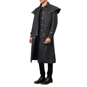 Manteau trench-coat en cuir véritable noir pour homme, longueur genou, simple boutonnage, col chemise, imperméable - Product Image 4