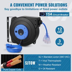 Avvolgicavo retrattile per impieghi gravosi da 45 piedi, 12AWG/3C SJTOW, con presa tripla illuminata, 15 Amp, da NEMA femmina a AC maschio - Product Image 4