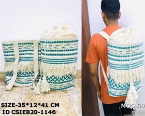 Mochila Boho de Algodón Tejida a Mano con Flecos – Bolsa de Viaje Étnica con Cierre de Cordón (35x12x41 cm) - Product Image 5