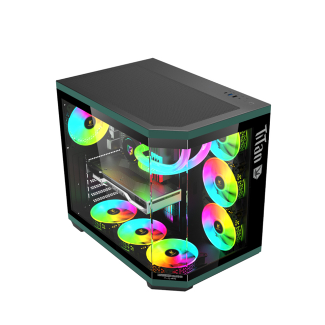 KINGSMAN GAMING ATX Full Tower Panoramic Dark Green Steel PC Case Tempered Glass 4 ARGB Fans 4x2 HDD/SSD 410mm GPU Support Stock