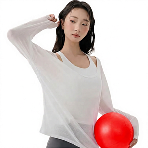 เสื้อโยคะแขนยาวสีขาวสำหรับผู้หญิง ทรงหลวม ผ้าบางโปร่ง ตัดเย็บแบบเว้า ระบายอากาศได้ดี ผลิตจากผ้าสแปนเด็กซ์และโพลีเอสเตอร์ สีพื้น - Product Image 2