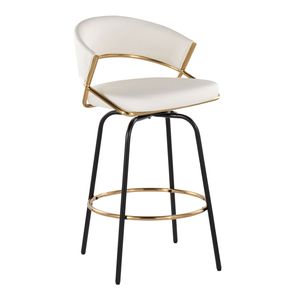 Sgabello da Bar Jie 26 Pollici Contemporaneo con Altezza Fissa e Base Girevole in Metallo Dorato, Seduta in Ecopelle Bianca, Gambe in Metallo Nero - Product Image 2