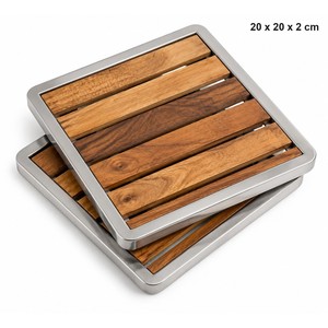 Ensemble de dessous-de-plat rectangulaires Aqdus Saleem en acier inoxydable et bois, style moderne du milieu du siècle |   Accessoires de cuisine artisanaux en gros - Product Image 1