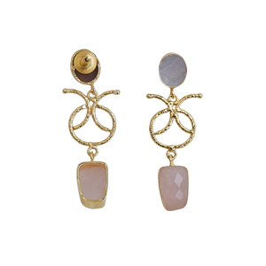 Boucles d'oreilles pendantes de créateur en or plaqué or, avec pierres semi-précieuses en quartz rose et nacre, au design géométrique sculptural - Product Image 6