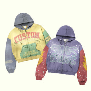 Sudadera con capucha de felpa francesa con efecto desgastado y lavado ácido, ecológica, para hombre, de corte oversize, con cremallera y bloques de color, con parches bordados personalizados, para otoño. - Product Image 3