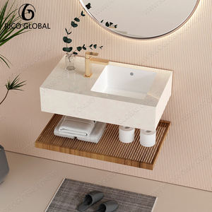 Lavabo rectangulaire en porcelaine RICO GLOBAL à fixation murale avec robinet doré, meuble-lavabo minimaliste pour salle de bain - Product Image 5