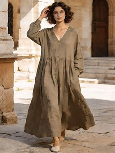 Robe longue ample bohème unie pour femme, manches longues, col en V, coupe fluide, idéale pour l'été - Product Image 2