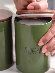Green Metal Tea Coffee Sugar <b>Canister</b> <b>Set</b> with Wooden Lids | Kitchen Storage Containers Wholesale - Product Image 2