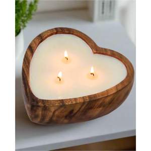 Venta al por mayor de portavelas de madera en forma de corazón - Contenedor de madera natural reutilizable para velas con capacidad para 2 mechas, tipo cuenco de madera - Product Image 2