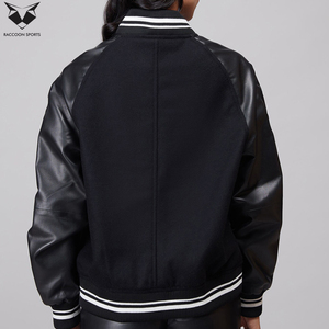 Veste universitaire noire pour femme, manches longues, logo brodé 06 sur le devant, manches en cuir PU, coupe classique, vêtements décontractés d'automne - Product Image 5