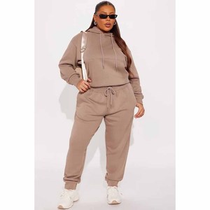 <b>Women</b> Beige Tracksuit Full Zip Hooded Sweatshirt Solid Color Loose Fit Casual Autumn Style With Side Pockets Drawstring Closure - Product Image 4