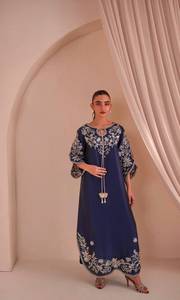 White Floral Pattern Navy Blue Embroidered <b>Kaftan</b> Dress Bell Sleeves Women Floor Length Loose Fit Party Indian Pakistani Dress - Product Image 1