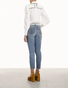 Jeans de Mujer a la Moda, Cintura Media, Corte Recto, Casuales, con Efecto Levanta Glúteos, 100% Algodón, Material Elástico, Secado Rápido, Color Personalizado - Product Image 5