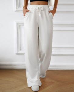 Women's Elastic Waist Solid Color 100% Cotton Canvas Autumn Casual Style Zipper Fly Straight Trousers Pants with Pockets - Product Image 3