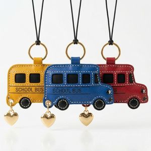 <b>Personalized</b> School Bus Bag Charm Pendant with Gold Heart Metal Accessory for Gift Promotion PU Leather <b>Keychain</b> - Product Image 1