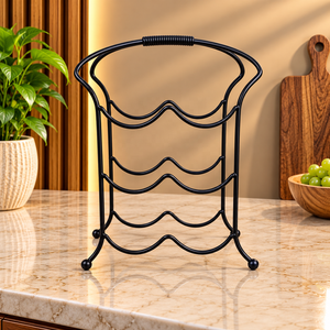 Exceptional Wavecrest Metal Wine Rack Four Bottle Holder <b>Freestanding</b> <b>Bar</b> Storage Stand Black Finish Countertop Display - Product Image 1