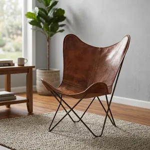 Vintage Brown Butterfly Leather <b>Chair</b> with Iron Frame Rustic Accent Lounge <b>Chair</b> for <b>Living</b> <b>Room</b> - Product Image 4