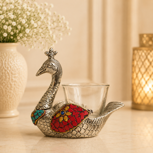 Porte-bougie en verre Cygne Paon finition argentée, artisanal, avec incrustation de pierres, figurine décorative pour décoration de table - Product Image 3