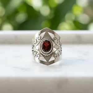 925 Sterling Silver Red Garnet Statement Ring Vintage Engraved Wide Band Handmade Jewelry Oval Gemstone Ring Boho Ethnic Style - Product Image 4