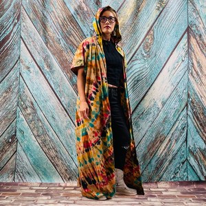Traditionnel Tie Dye Motif Femmes Surdimensionné Kimono Veste Bohème Festival Dentelle Garniture Bandeau Robe Longue Kimono - Product Image 5