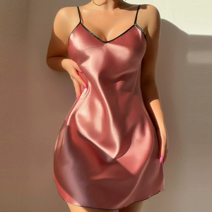 Sexy <b>Black</b> Satin V-neck Long Sleeve Women's Nightgown Sleepwear with Lace Back Detail Elastic Waist Spring Lingerie - Product Image 4