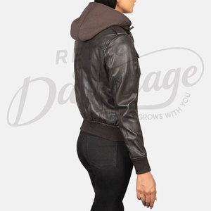 Women Dark <b>Brown</b> Real <b>Leather</b> <b>Jacket</b> with Removable Hood Slim Fit Premium Sheepskin Winter Biker Style Multi-Pocket Outerwear - Product Image 2