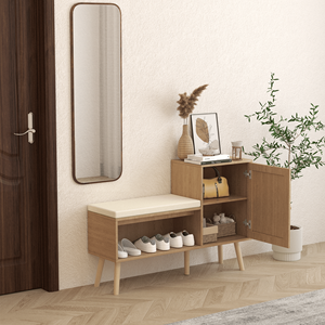 Panca Portascarpe 2-in-1 Moderna per Ingresso con Materiale in Rattan Naturale, 2 Ripiani Regolabili e Cuscino Rimovibile - Product Image 4