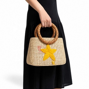 Sac fourre-tout bohème tissé pour l'été, avec broderie étoile jaune, fermeture ouverte, doublure en coton, pour femme - Product Image 1