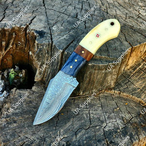 Cuchillo de Caza y Camping de Acero de Damasco con Hoja Fija, Mango de Hueso de Camello y Madera, Punta Caída, 7.5 Pulgadas de Longitud Total, OEM/ODM Disponible - Product Image 4