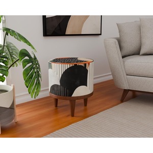 Assured Quality Round Abstract Geometric Wooden <b>Pouf</b> Mid Century Modern Design Living Room Accent Stool - Product Image 6