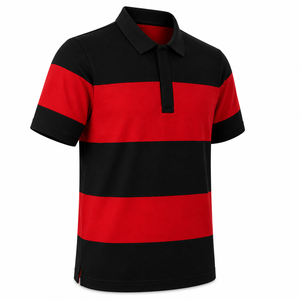 Polo rayé pour homme à manches courtes, color-block, décontracté, tricoté, rouge et noir - Product Image 3