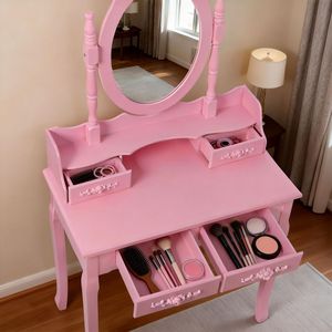Princess <b>Pink</b> Wooden Makeup Vanity <b>Table</b> Set 4 Drawer Girls Bedroom <b>Dressing</b> with Mirror Cushioned Stool for <b>Dressing</b> Relaxing - Product Image 3