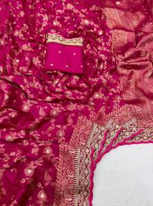 Sari de Khaddi Puro con Bordado Zari en Plata y Oro, Borde Festoneado, Borde Kanchi, Blusa Butti de Dos Tonos, Colección Nupcial - Product Image 4