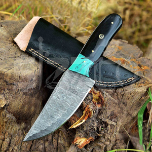 มีดทำมือจากเหล็กดามัสกัสสำหรับล่าสัตว์ ด้ามทำจากเขาสัตว์ ใบมีดแบบ Fixed Blade สำหรับตั้งแคมป์ กิจกรรมกลางแจ้ง และพกพาประจำวัน พร้อมปลอกหนัง - Product Image 2