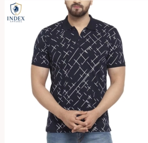 INDEX APPAREL Men's Navy <b>Blue</b> Short Sleeve Knitted <b>Polo</b> <b>Shirt</b> Geometric Print Button Down Casual Regular Fit Breathable - Product Image 1