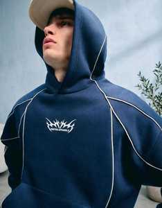 ONETEN APPARELS <b>Mens</b> Navy Oversized <b>Hoodie</b> Contrast Stitching Embroidered French Terry Pullover Sweatshirt Anti-Pilling Acid - Product Image 1