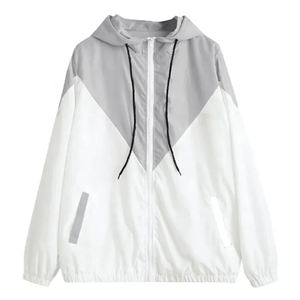 Unisex Hooded Color Blocking Windbreaker <b>Jacket</b> Breathable <b>Lightweight</b> <b>Summer</b> Casual Zipper Front Loose Fit White Gray Polyester - Product Image 1